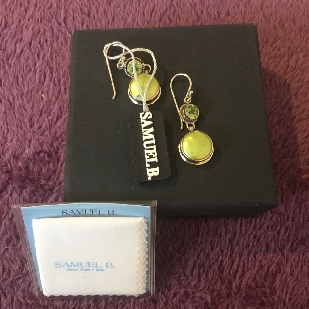 New Artisan By Samual B 925 Natural Green Mabe Pearl & Peridot Gemstones Earring - Picture 2 of 10